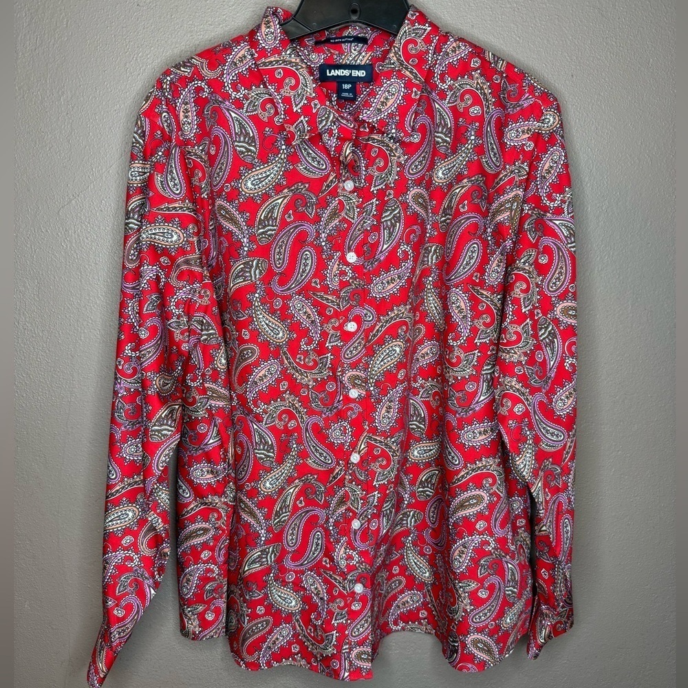 Lands' End Women's Button Down Red Paisley Patterned 100% Cotton Boho Size 18P